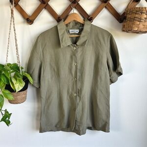 Marla Kim Vintage Olive Green Ramie Rayon Short Sleeve Button Down Shirt Size M